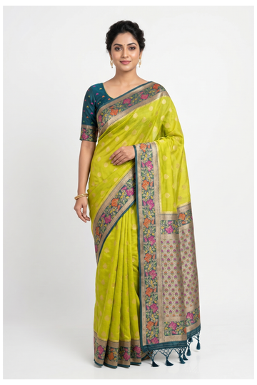 Teal Blue Banarasi Silk Saree With Floral Border And Lime Green Contrast Pallu