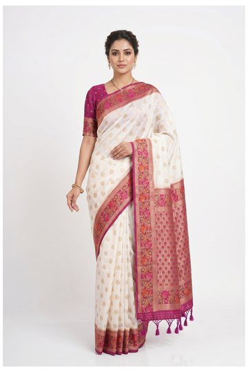 Magenta Banarasi Silk Saree With Floral Border And Ivory Contrast Pallu