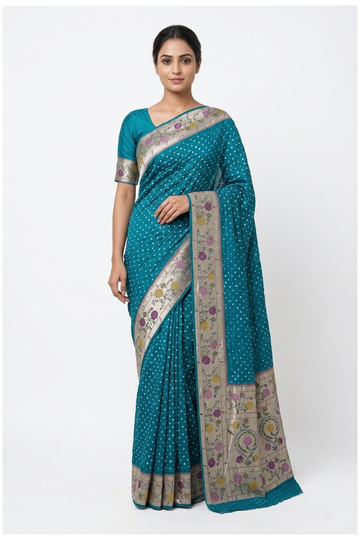 Teal Paithani Cotton Wedding & Party Wear Saree