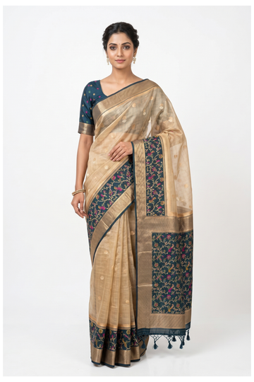 Light Gold Banarasi Silk Saree With Gold Zari Border And Floral Woven Pallu