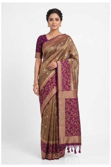Magenta Banarasi Silk Saree With Antique Gold Floral Weaving Pallu