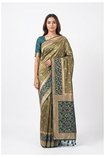Teal Blue  Banarasi Silk Saree With Floral Vine Woven Pallu