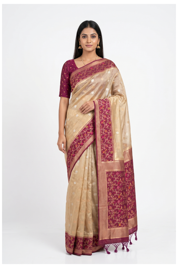 Wine Purple Banarasi Silk Saree With Floral Jaal Woven Pallu