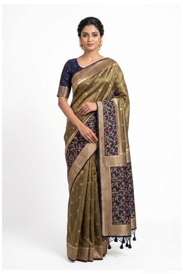Navy Blue Banarasi Silk Saree With Floral Jaal Woven Pallu