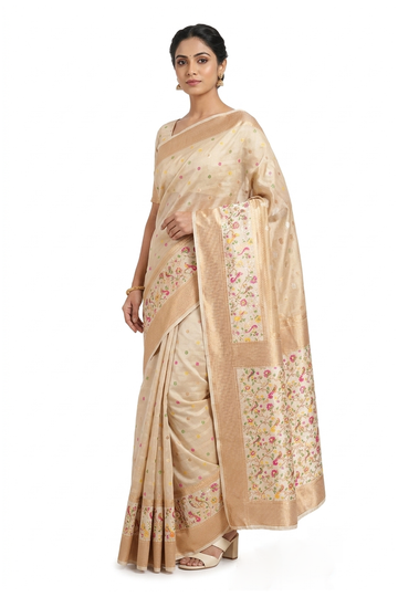 Cream Banarasi Silk Saree With Floral Meenakari Woven Pallu