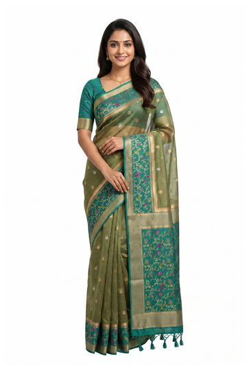 Sea Green Banarasi Silk Saree With Paisley Woven Pallu