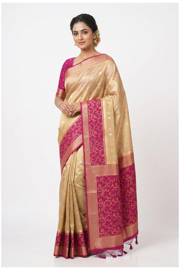 Golden Beige Banarasi Silk Saree With Floral Jaal Woven Pallu
