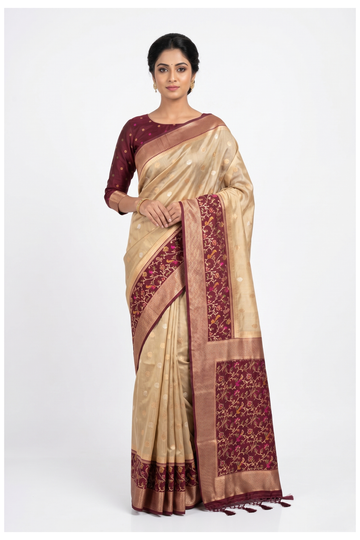 Maroon Banarasi Silk Saree With Floral Jaal Woven Pallu