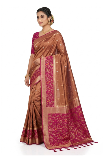 Copper Brown Banarasi Silk Saree With Floral Jaal Woven Pallu