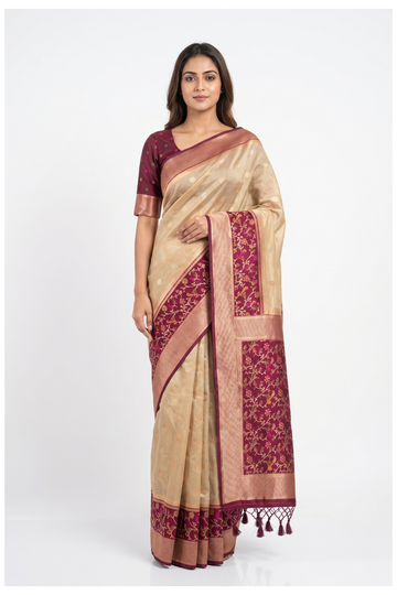 Beige Banarasi Silk Saree With Maroon Floral Jaal Border