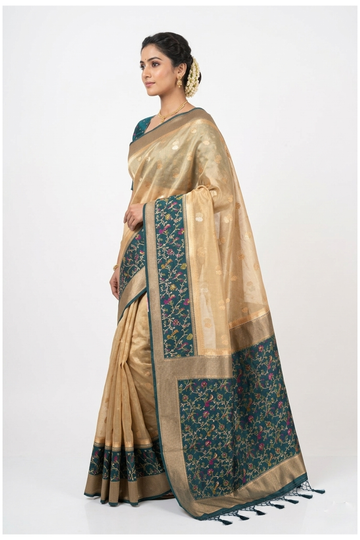 Golden Beige Banarasi Silk Saree With Teal Floral Jaal Border