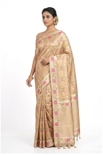 Golden Beige Banarasi Silk Saree With Lotus Border Weaving