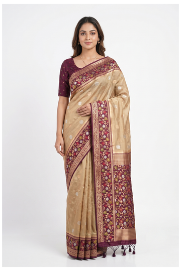 Beige Banarasi Silk Saree With Floral Jaal Pallu