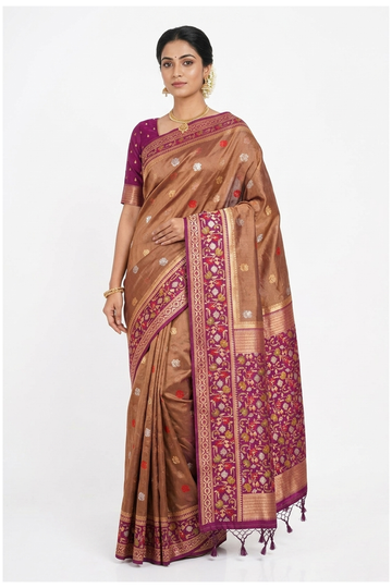 Copper Brown Banarasi Silk Saree With Magenta Floral Border
