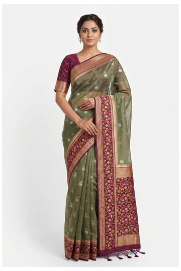 Olive Green Banarasi Silk Saree With Olive Green Contrast Pallu