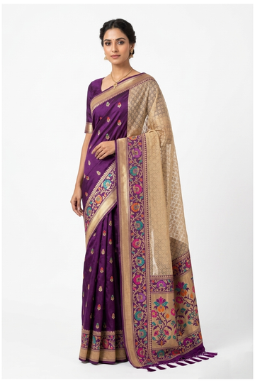 Purple Banarasi Silk Saree With Floral Woven Border And Beige Pallu