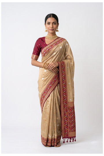 Ivory  Banarasi Tissue Silk Party Wear & Wedding Saree