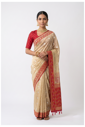 Ivory  Banarasi Tissue Silk Party Wear Saree