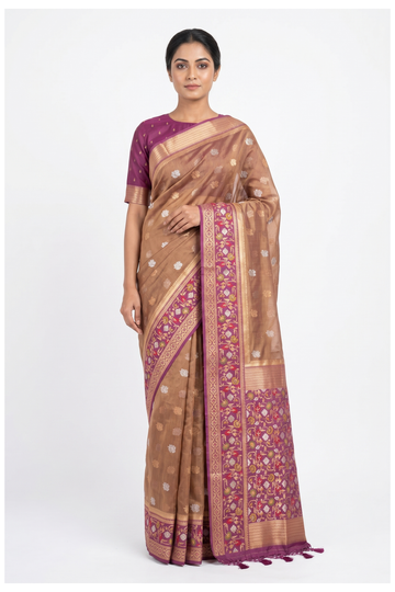 Copper Brown Banarasi Silk Saree With Zari Butta And Designer Woven Pallu