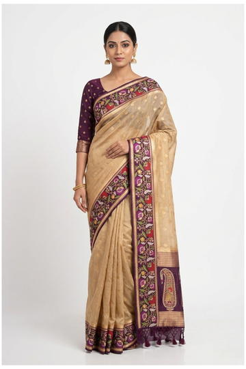 Beige Banarasi Silk Saree With Zari Butta And Designer Paisley Pallu