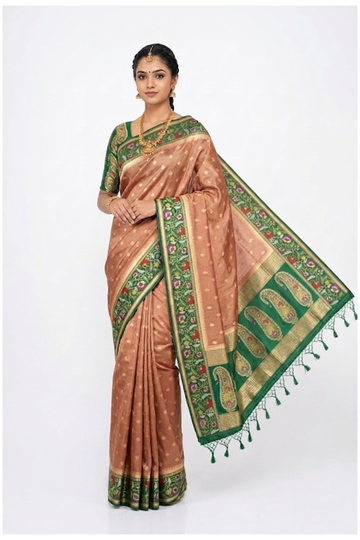 Peach Banarasi Silk Saree With Green Floral Border And Designer Pallu