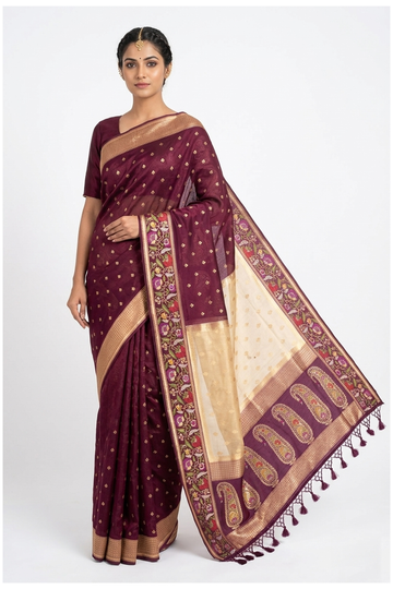 Beige Gold Banarasi Silk Saree With Floral Border And Paisley Designer Pallu