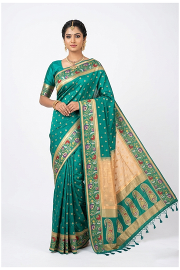 Beige Gold Banarasi Silk Saree With Floral Border And Designer Paisley Pallu