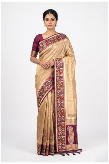 Beige Banarasi Silk Saree With Floral Border And Paisley Designer Pallu