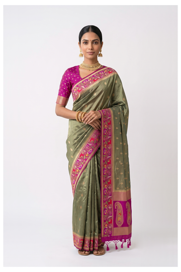 Olive Green Banarasi Tissue Silk Party Wear Wedding Saree