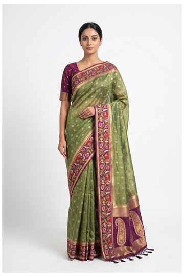 Olive Green Banarasi Silk Saree With Floral Border And Paisley Designer Pallu