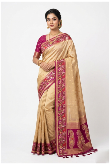 Beige Banarasi Silk Saree With Floral Border And Paisley Pallu