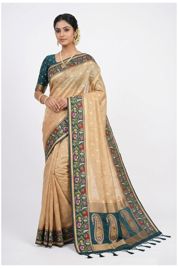 Beige Banarasi Silk Saree With Floral Border And Paisley Designer Pallu