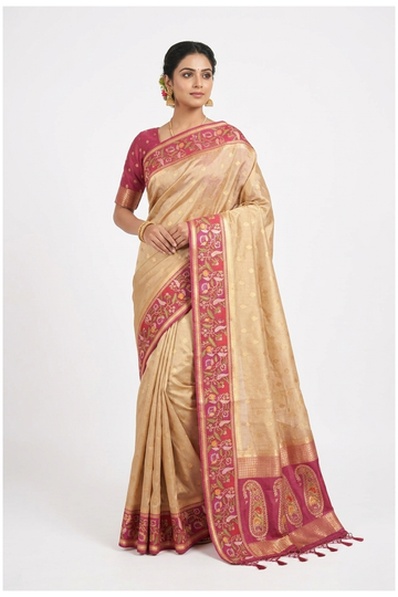 Beige Banarasi Silk Saree With Floral Border And Paisley Designer Pallu