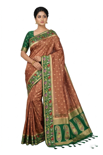 Copper Brown Banarasi Silk Saree With Floral Border And Paisley Designer Pallu