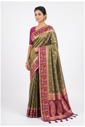 Olive Green Banarasi Silk Saree With Floral Border And Paisley Designer Pallu