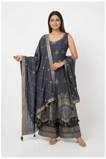 Charcoal Grey Zari Woven Anarkali Palazzo Set With Dupatta