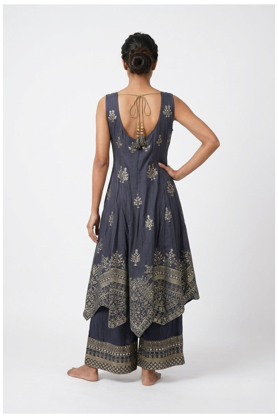 Charcoal Grey Zari Woven Anarkali Palazzo Set With Dupatta