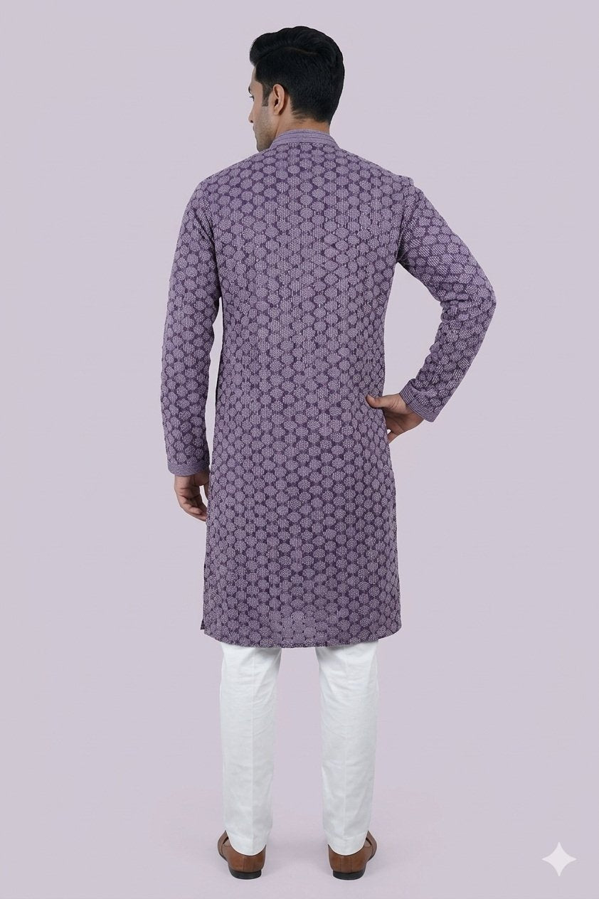 Royal Plum Geometric Pattern Designer Men’S Kurta