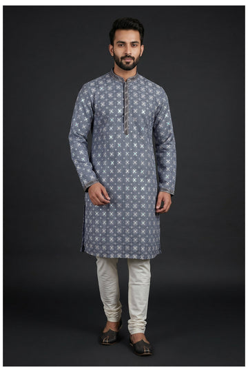 Charcoal Grey Jacquard Patterned Men'S Kurta