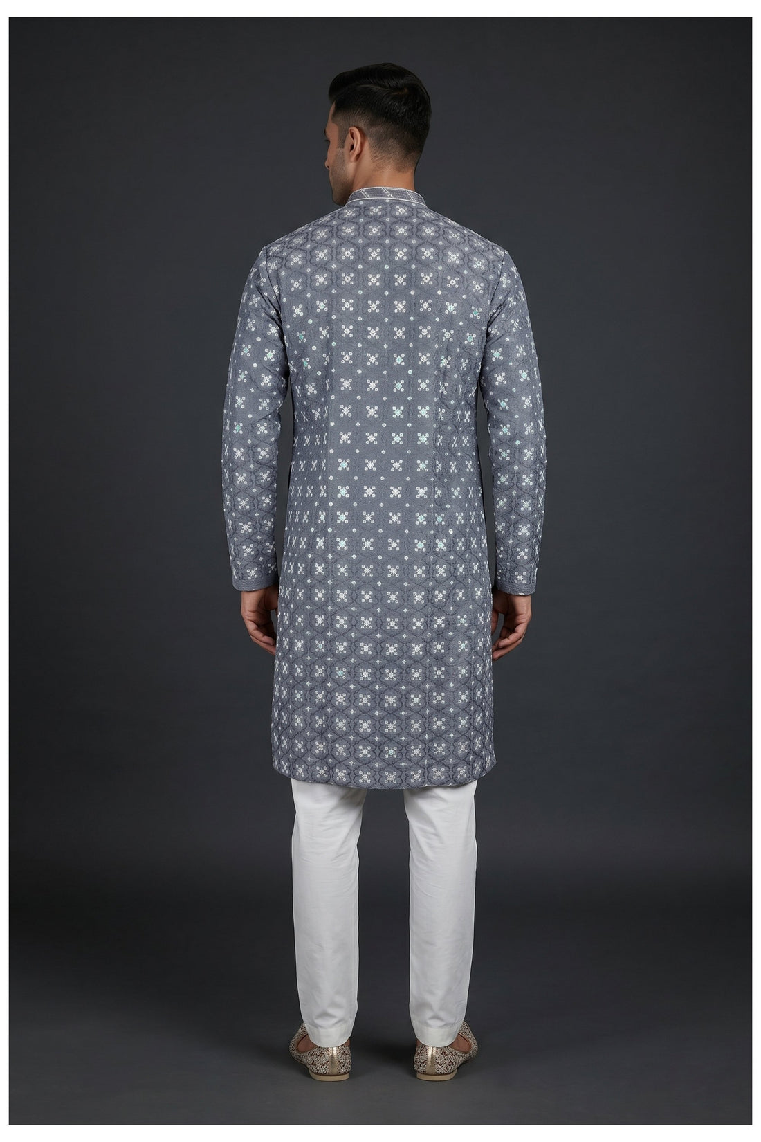 Charcoal Grey Jacquard Patterned Men'S Kurta