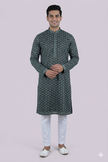 Emerald Green Geometric Pattern Designer Men’S Kurta