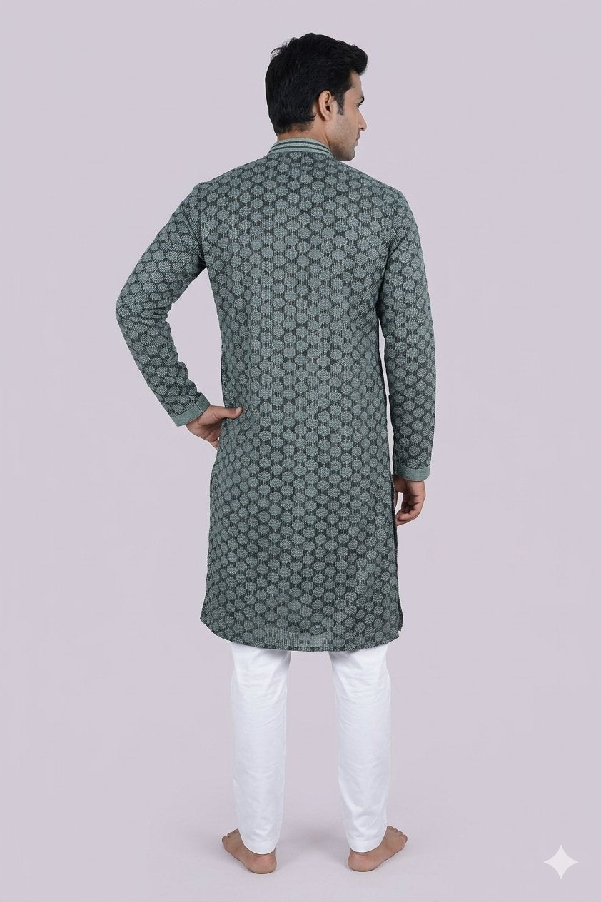 Emerald Green Geometric Pattern Designer Men’S Kurta