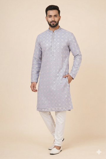 Light Lavender Printed Men’S Kurta