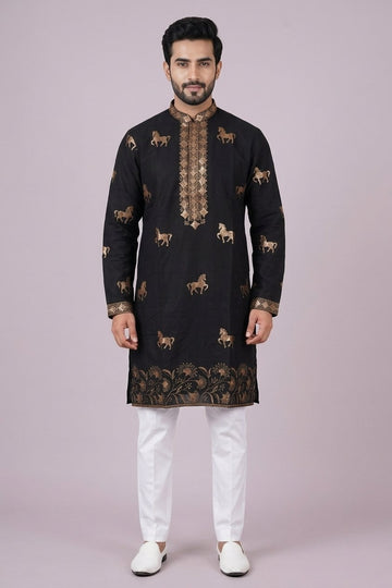 Royal Black Horse Motif Embroidered Designer Men’S Kurta