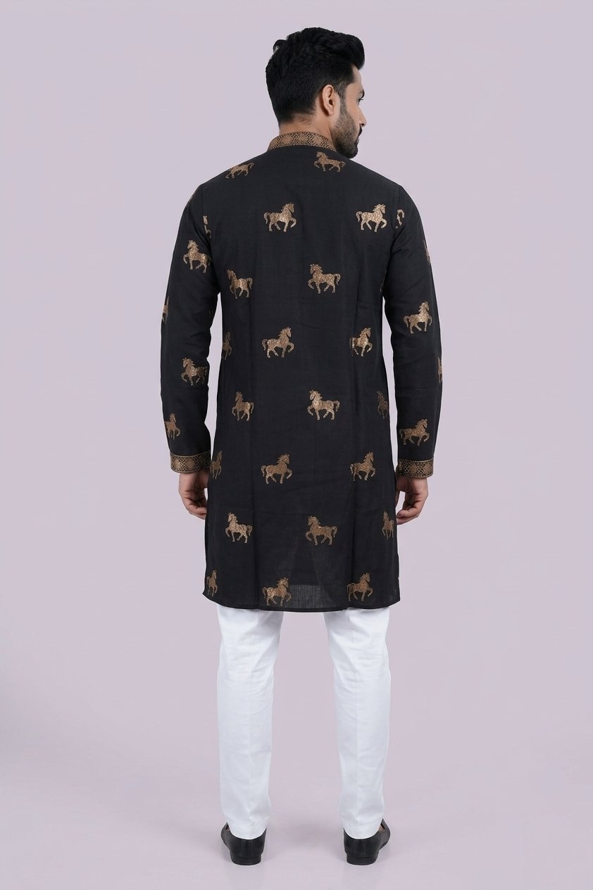 Royal Black Horse Motif Embroidered Designer Men’S Kurta