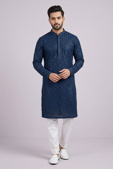 Midnight Blue Textured Designer Men’S Kurta