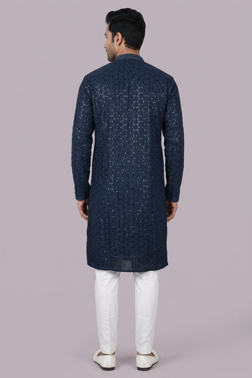 Midnight Blue Textured Designer Men’S Kurta