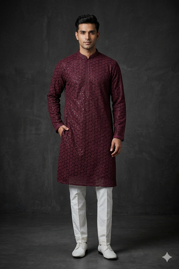 Royal Wine Textured Shimmer Designer Men’S Kurta