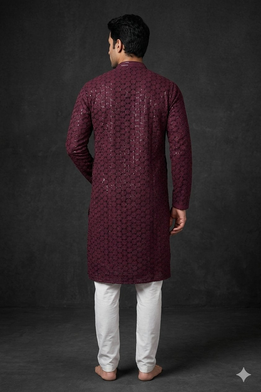 Royal Wine Textured Shimmer Designer Men’S Kurta
