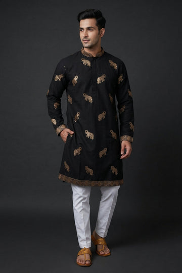 Black Regal Elephant Motif Festive Kurta